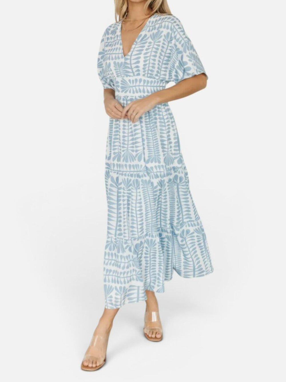 Baltic Born Austin Kimono Midi Dress XL Blue White Print Boho Smocked